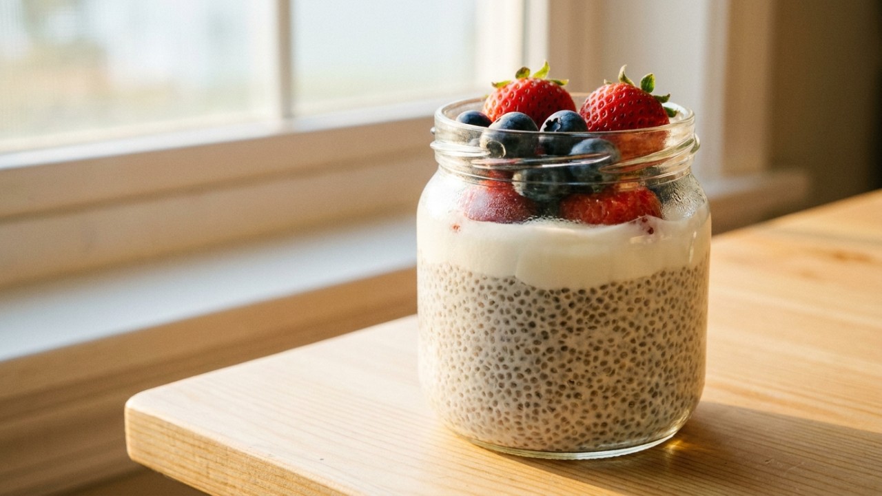 O pudim de chia preparado com antecedência garante uma refeição matinal nutritiva e prática para manhãs agitadas.