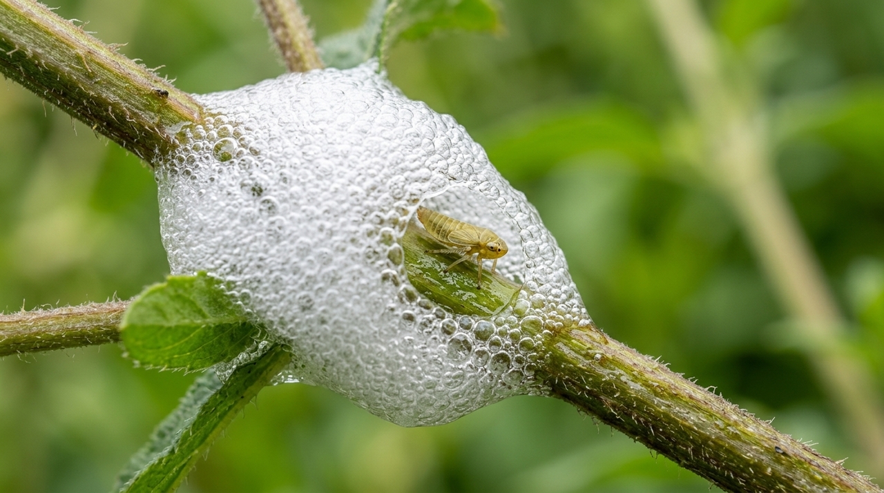 Os responsáveis são as ninfas de cigarrinhas conhecidas em inglês como spittlebugs ou froghoppers.