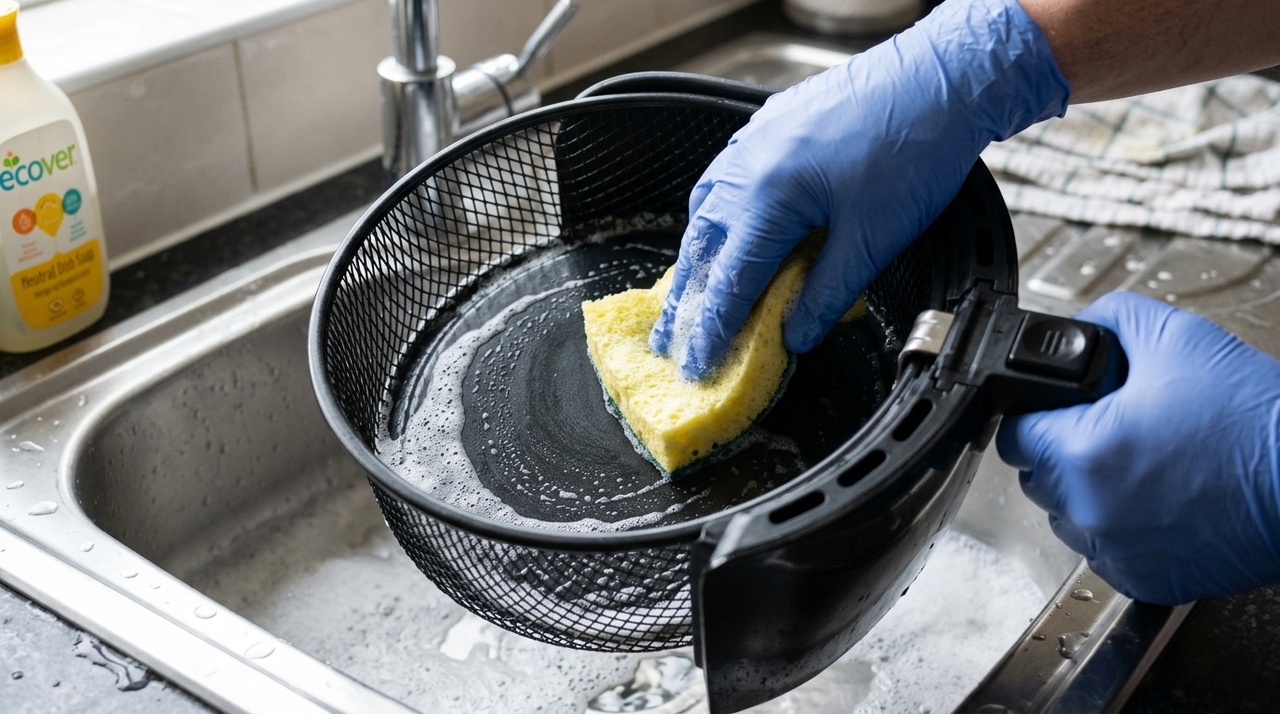 A resistência da air fryer aquece o ar que circula dentro do equipamento, e qualquer acúmulo de gordura ou restos de alimentos tende a queimar a cada uso.