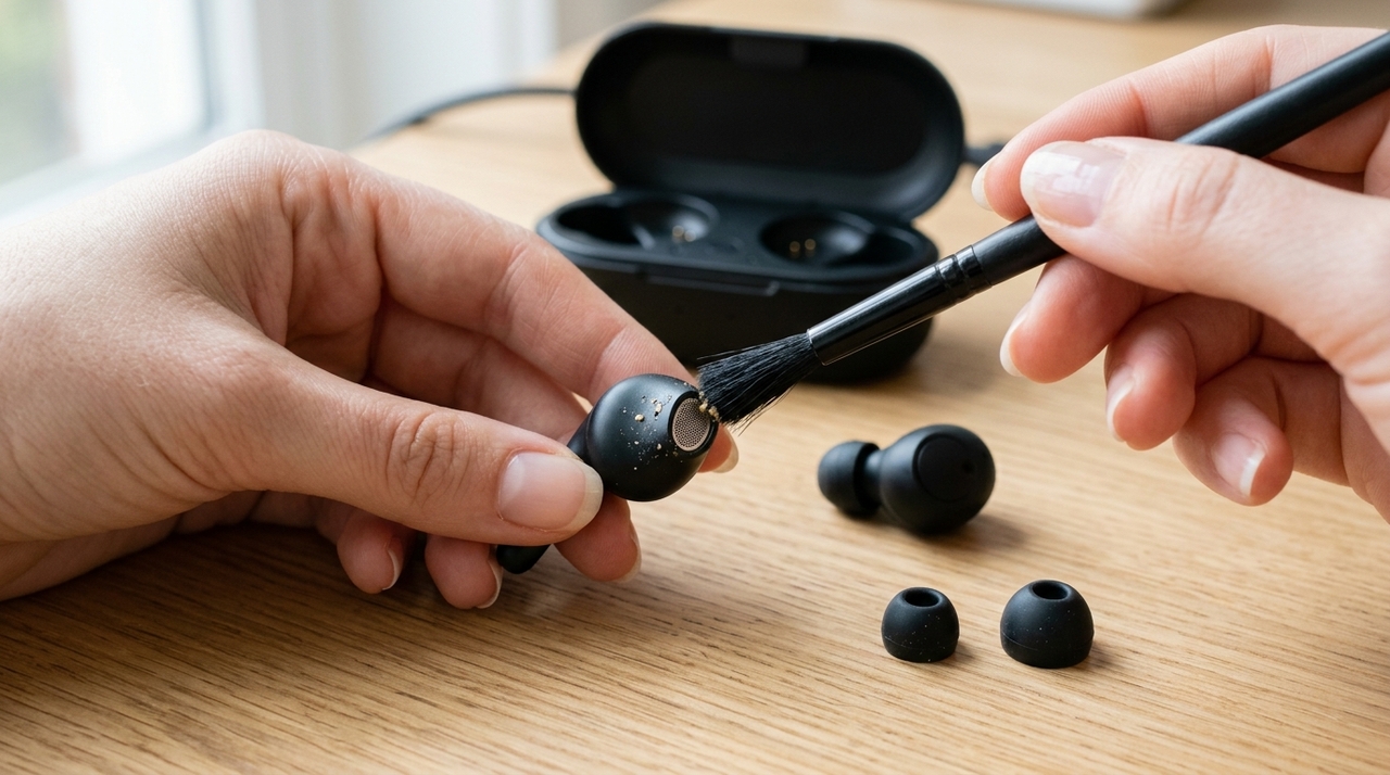 A pequena tela metálica ou grade acústica dos fones intra-auriculares fica muito próxima do canal auditivo.