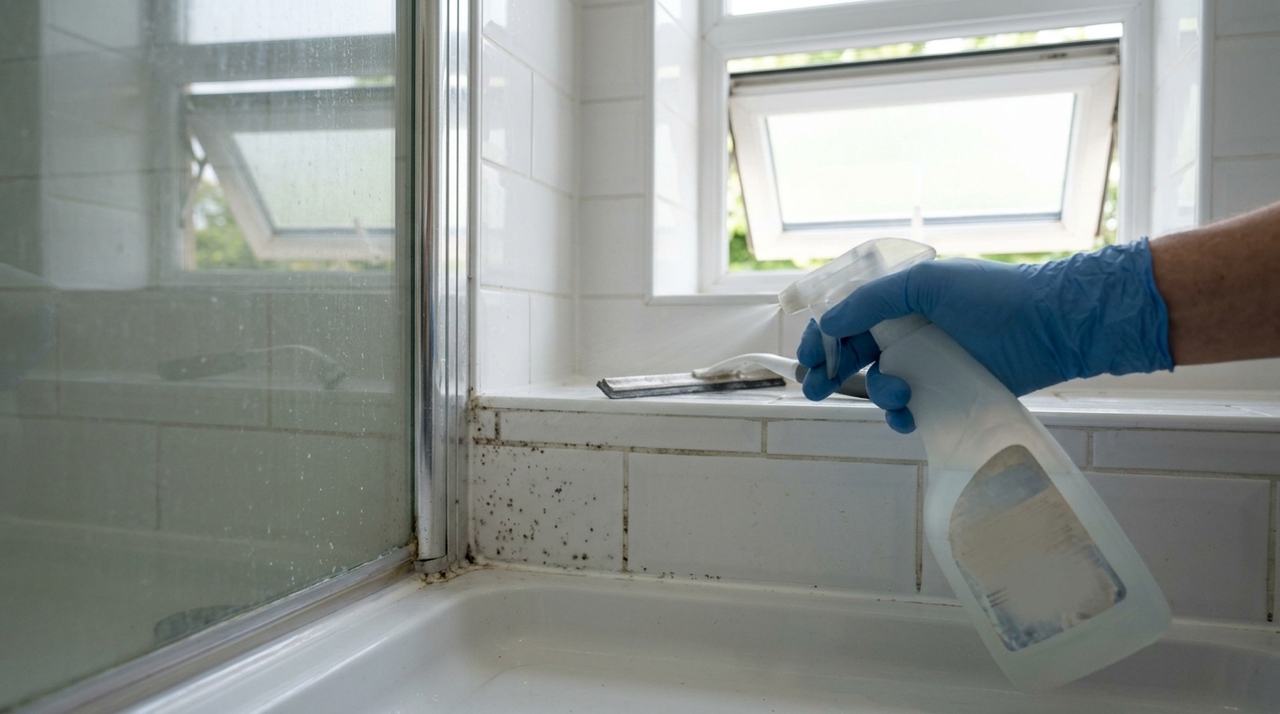Depois do banho, gotas de água permanecem sobre azulejos, rejuntes, silicone e cantos pouco ventilados