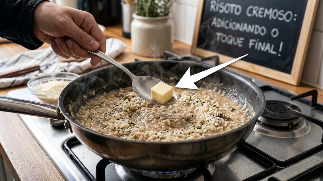 A técnica da mantecatura cria a emulsão perfeita para um risoto brilhante.