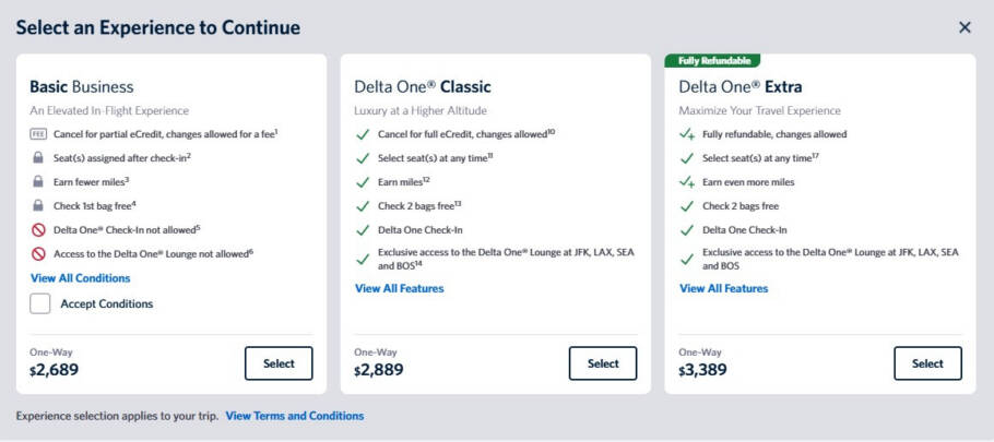 Comparação entre a Basic Business e as tarifas Delta One Classic e Delta One Extra