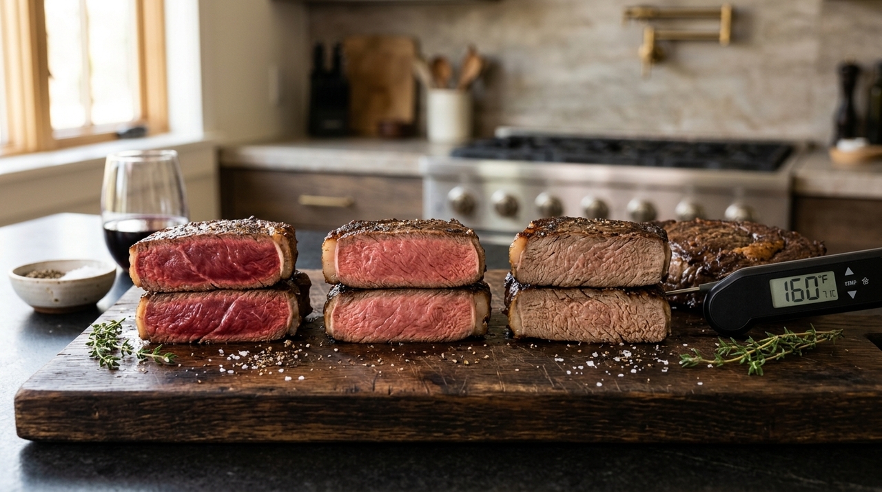 Na cozinha, faixas de temperatura são usadas para diferenciar os pontos de cortes bovinos inteiros