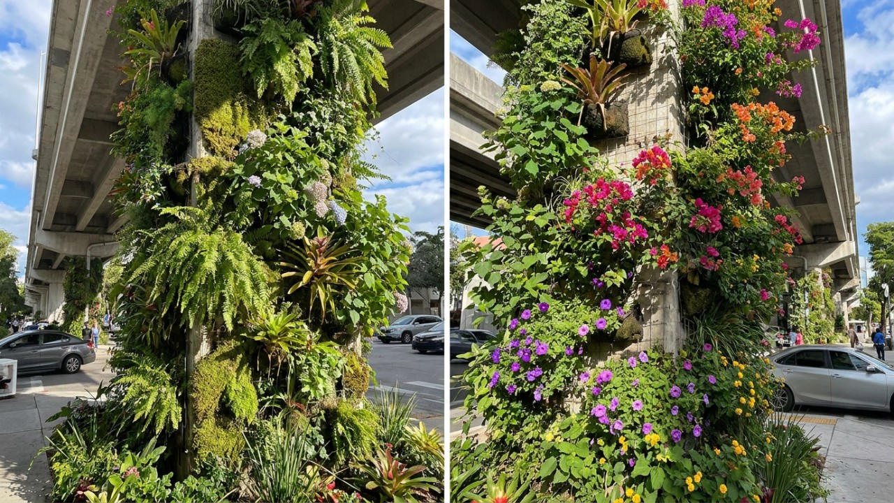 A vegetação urbana transforma pilares rodoviários em pulmões verdes para purificar o ar nas metrópoles.