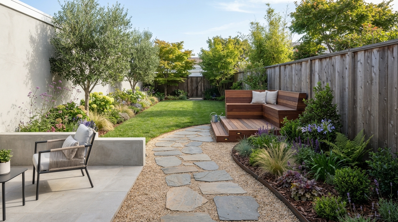 A pedra pode aparecer em caminhos, bordas de canteiros ou áreas de circulação.