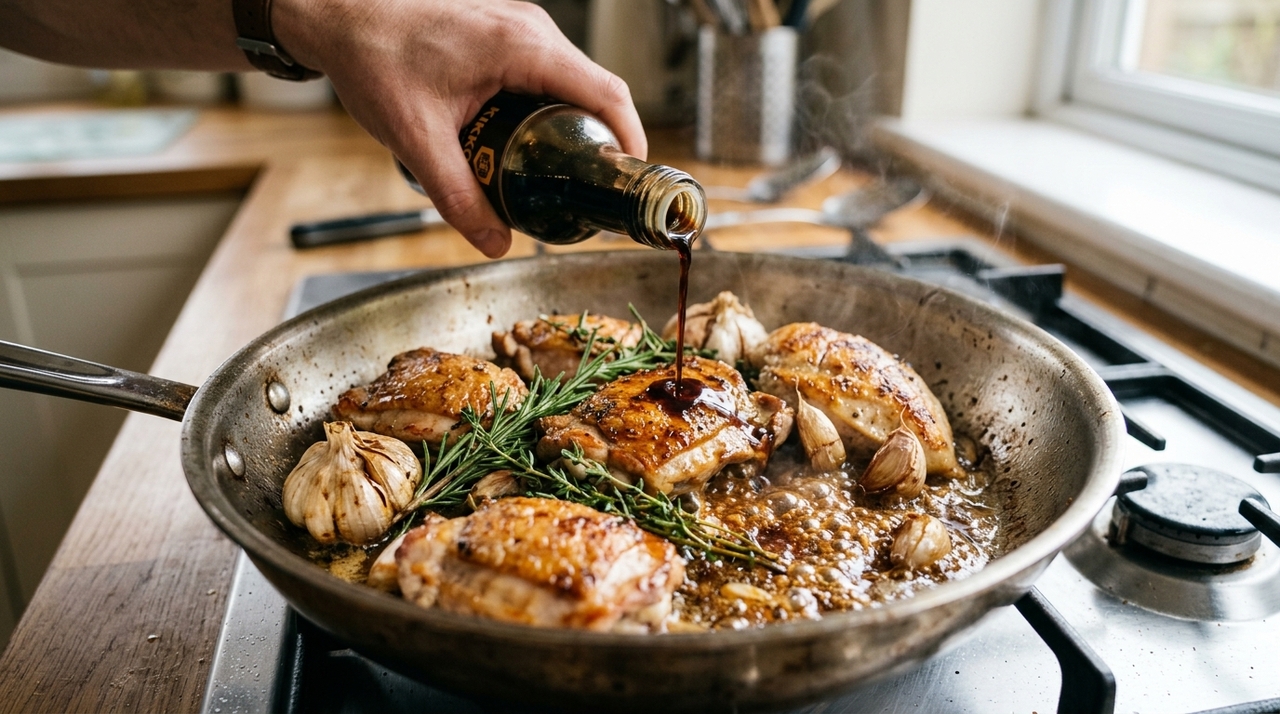O suco de um limão adiciona acidez a uma preparação marcada pelo azeite, pela gordura natural do frango e pelo sabor intenso do alho.