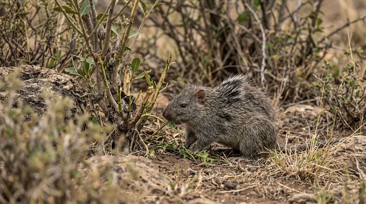 O rato-de-crista-africano mastiga cascas e raízes de Acokanthera schimperi, planta conhecida por conter compostos tóxicos chamados cardenolídeos.