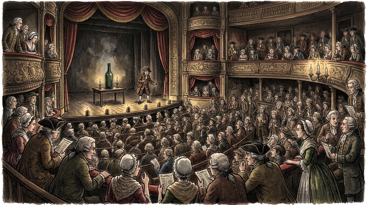 O episódio ficou conhecido como Bottle Conjuror Hoax e foi marcado para 16 de janeiro de 1749, no teatro de Haymarket.