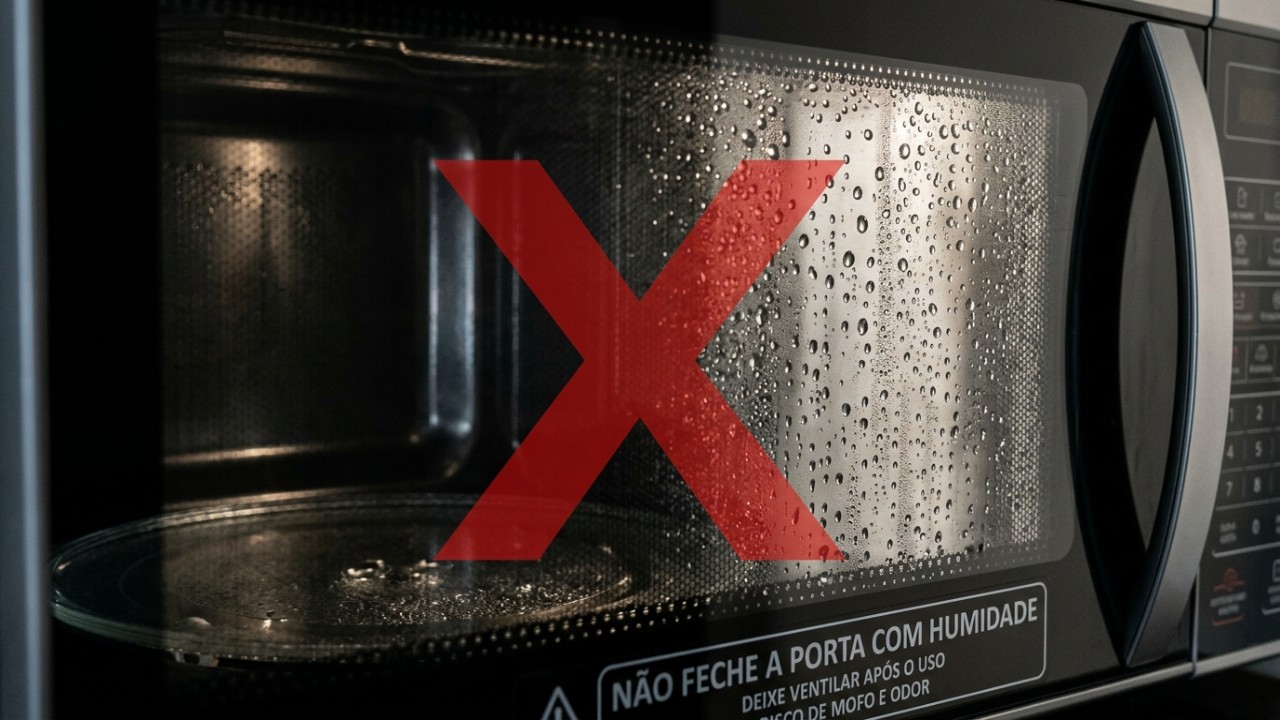 Deixar a porta entreaberta após o uso ajuda a evaporar o vapor e prolonga a vida útil do micro-ondas.