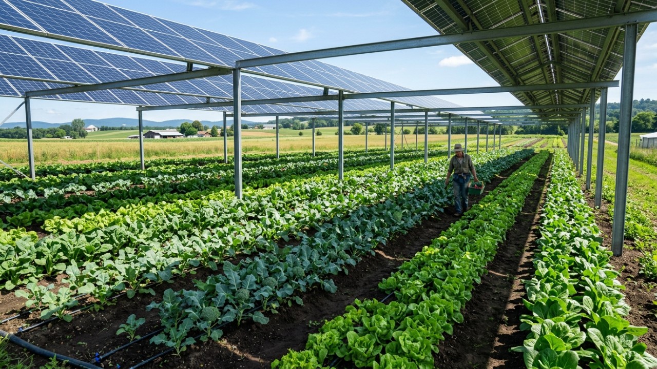 A tecnologia agrivoltaica combina painéis solares e agricultura para enfrentar o aquecimento climático.