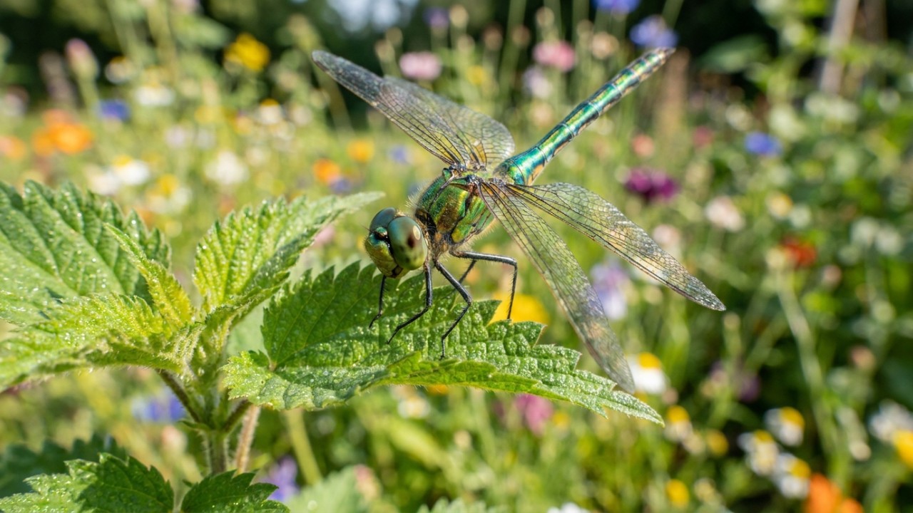 As libélulas agem como controladoras naturais de pragas no jardim.