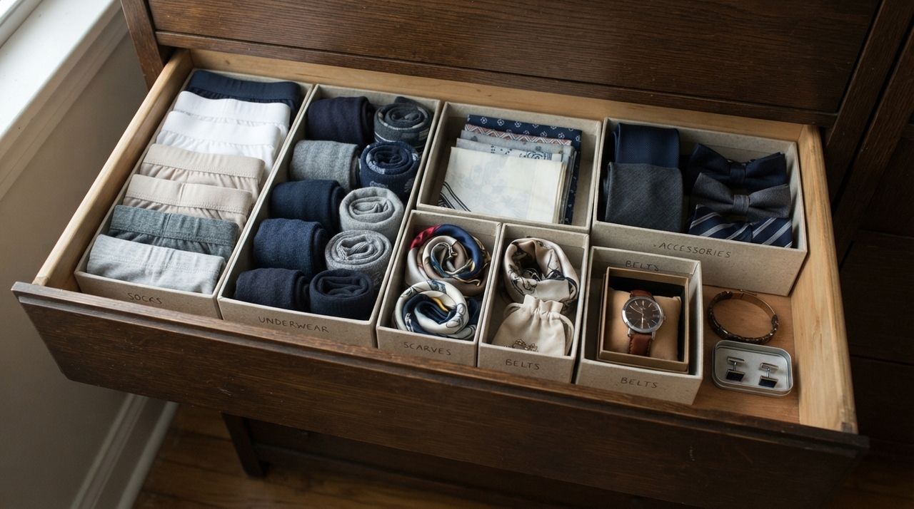 O organizador de gavetas usando caixas é um conjunto de compartimentos feitos a partir de embalagens reaproveitadas para separar itens dentro de uma gaveta