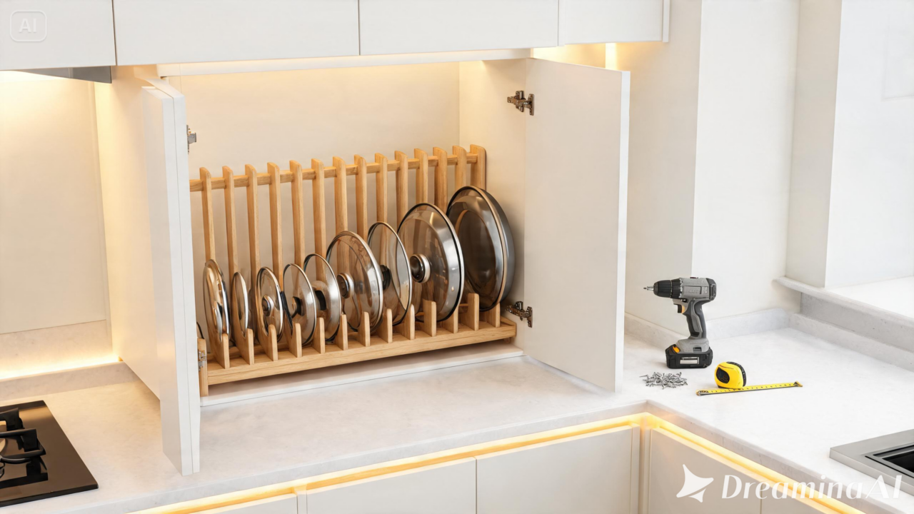 Com poucos materiais, você pode criar um organizador de tampas de panela e ganhar espaço na cozinha de forma simples, prática e econômica.