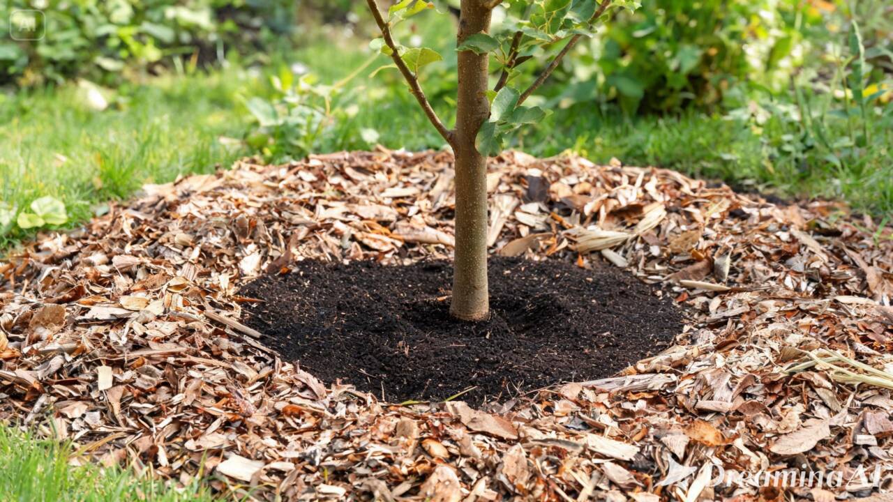 Cobertura morta no jardim: saiba qual espessura usar e por que deixar espaço entre o mulch e o tronco da árvore.