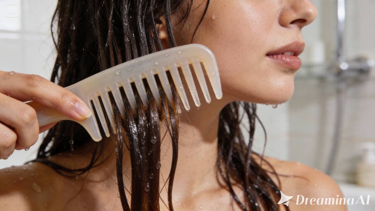 Escova ou pente para cabelo molhado? Entenda por que os dentes largos podem facilitar o desembaraço e ajudar a reduzir a tração sobre os fios.