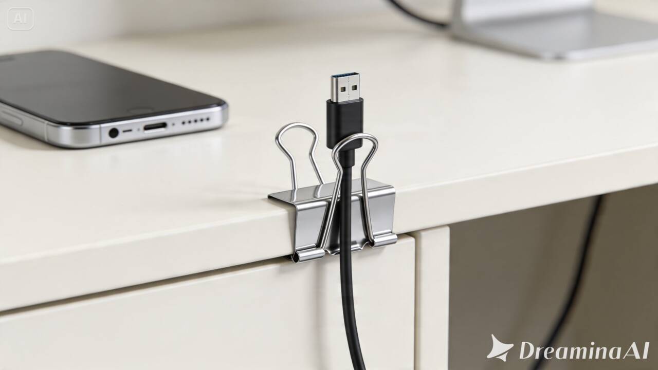 Aprenda a transformar um binder clip em um guia para o cabo do carregador e evite que o fio caia atrás da mesa durante o uso.