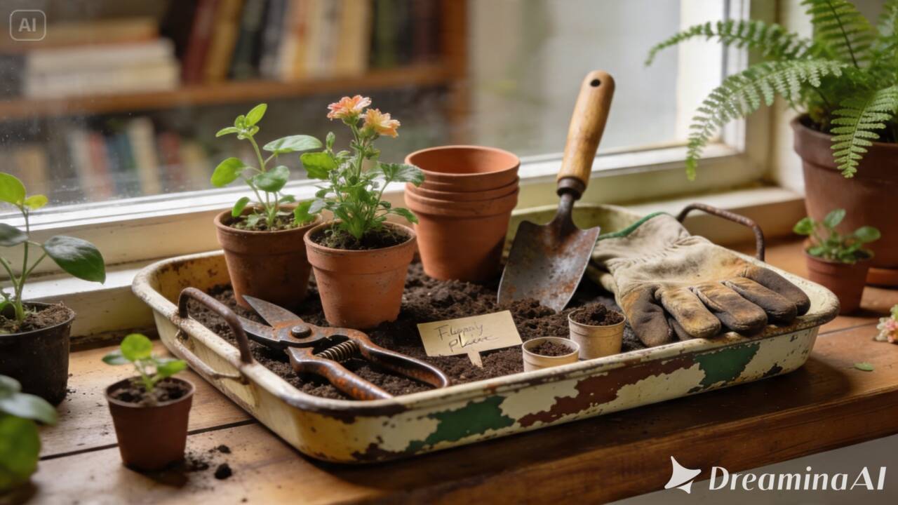 Transforme uma bandeja sem uso em uma estação para cuidar das plantas. Aprenda a organizar ferramentas, sementes, vasos e materiais de jardinagem.