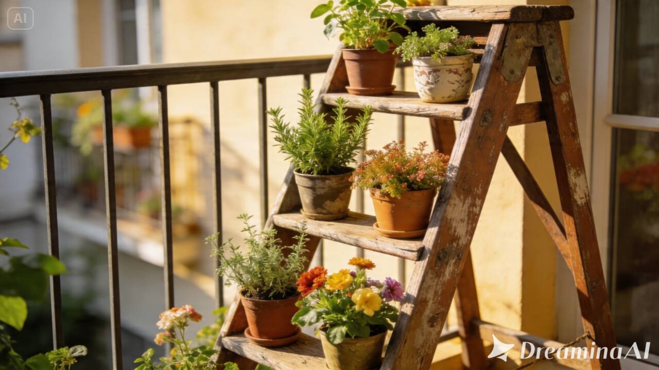 Antes de descartar uma escada velha, veja como transformá-la em suporte para vasos e criar um jardim vertical simples na varanda.
