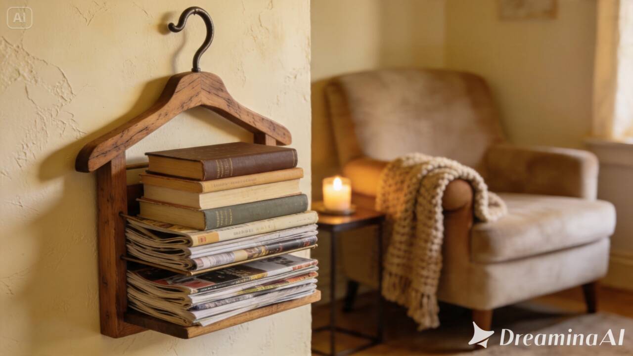 Antes de descartar o cabide de madeira, veja como reaproveitá-lo como suporte para livros e revistas e ainda criar um detalhe diferente na decoração.