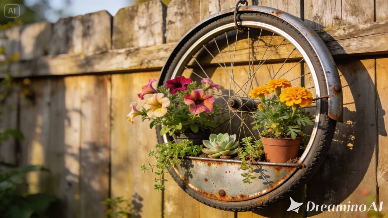 Veja como reaproveitar pneu e aro de bicicleta na decoração do jardim, criando uma composição com plantas sem ocupar espaço no chão.