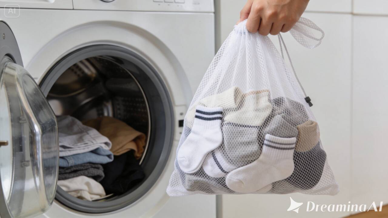 Meias pequenas podem ficar presas ou escondidas entre roupas maiores durante o ciclo. Veja como mantê-las reunidas usando um simples saquinho telado.