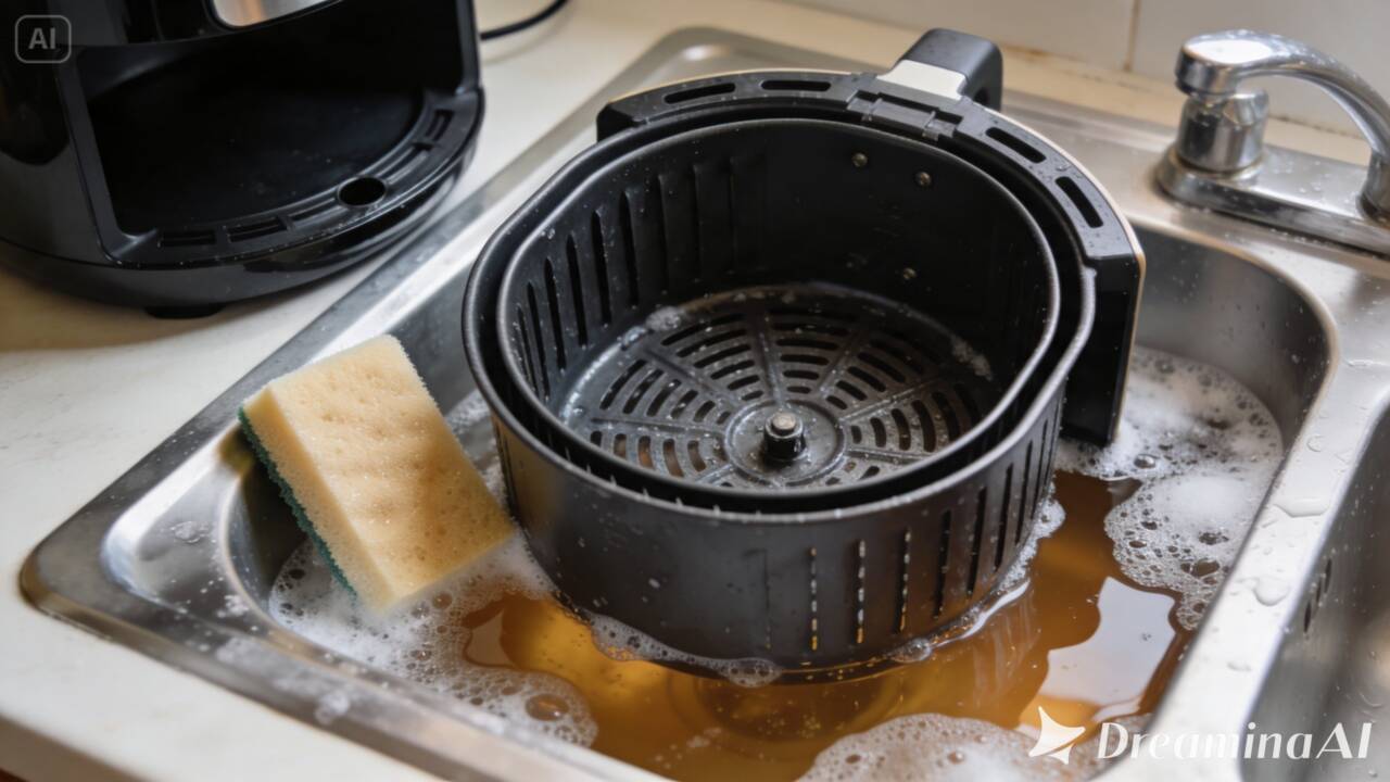 Antes de raspar a cesta da air fryer, experimente este cuidado simples: o molho em água morna com detergente pode facilitar a remoção da gordura endurecida.
