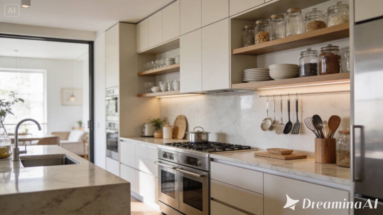 Prateleiras abertas estão aparecendo em cozinhas que buscam um visual mais leve. Veja as vantagens, limitações e formas de combinar esse recurso com armários.