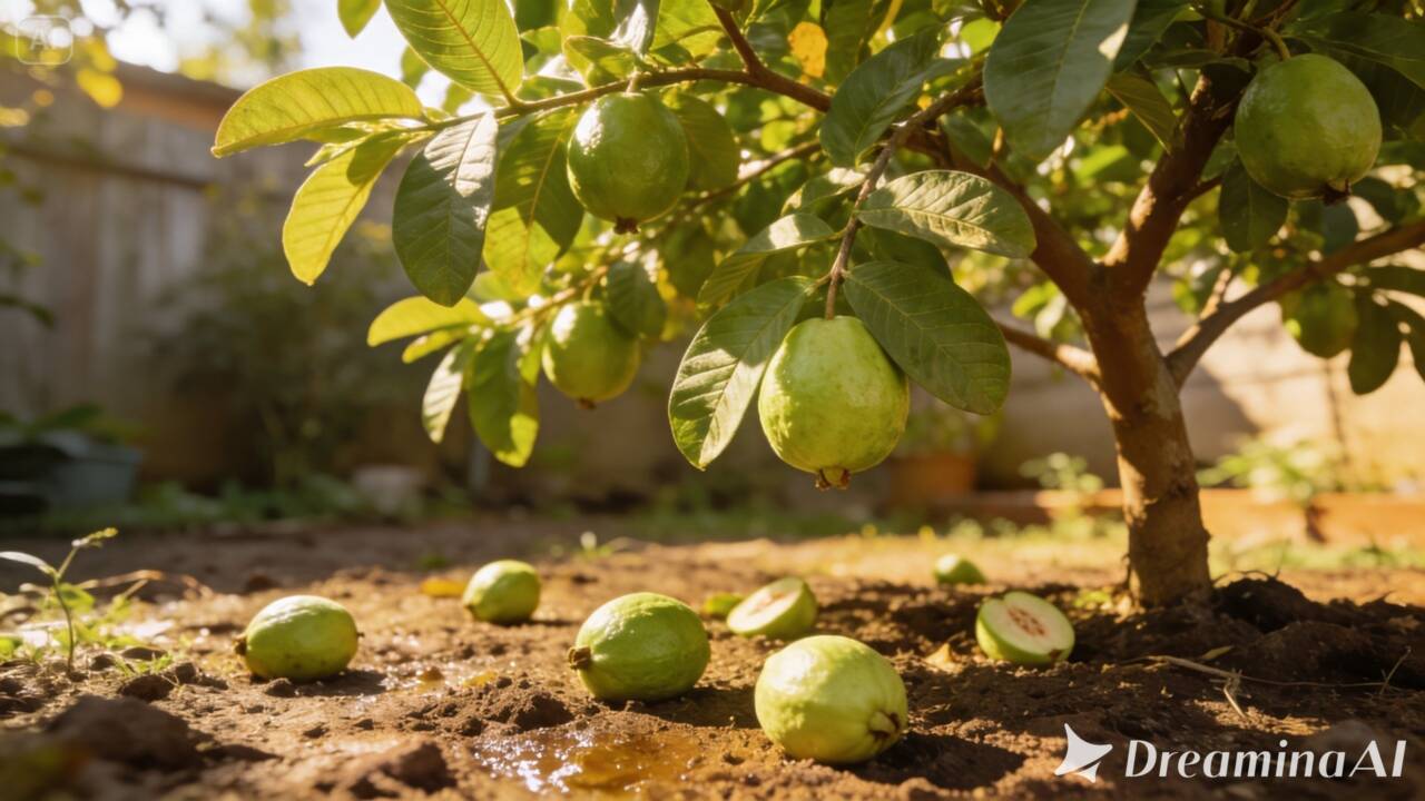 Sua goiabeira produz frutos, mas eles acabam no chão antes da hora? Veja como água, clima, pragas e outros fatores podem estar envolvidos.