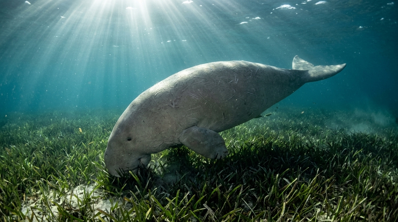 O dugongo, cujo nome científico é Dugong dugon, possui corpo arredondado, pele geralmente acinzentada e uma cauda dividida que lembra a de alguns cetáceos