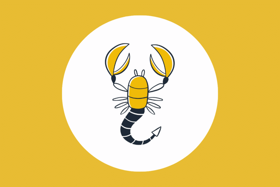 Ilustração minimalista de um escorpião com corpo e garras amarelas e uma cauda segmentada preta com um ferrão, dentro de um círculo branco sobre um fundo dourado.