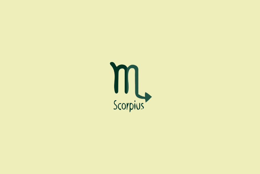 Ilustração do signo de escorpião em verde-claro e escuro centralizado sobre fundo amarelo