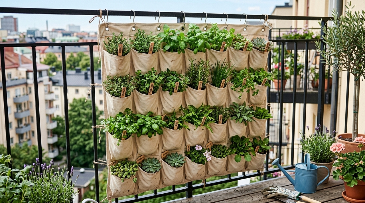 Os nichos ou bolsos da sapateira funcionam como pequenos compartimentos para o cultivo.
