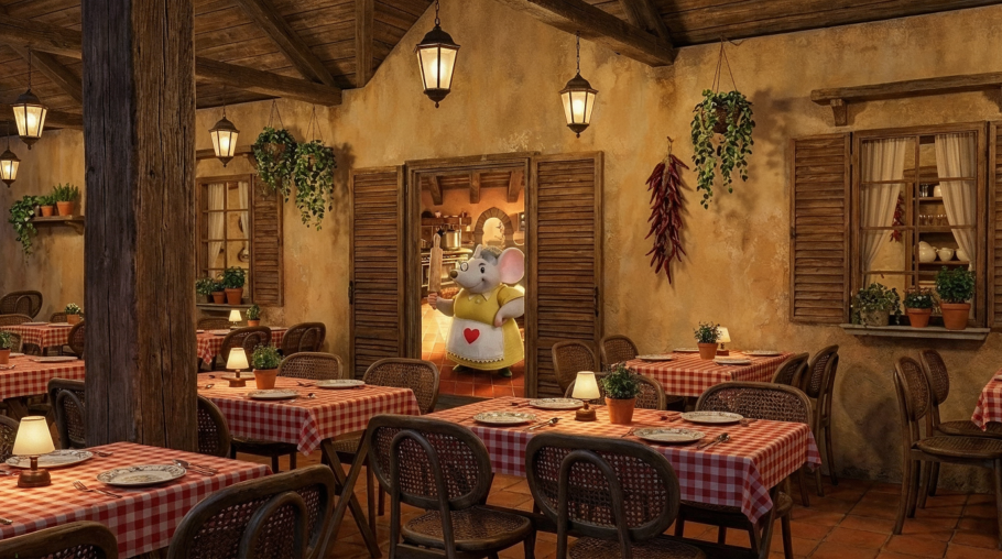 Ilustração mostra como será o interior do restaurante temático Famiglia Pierre, em Gramad0