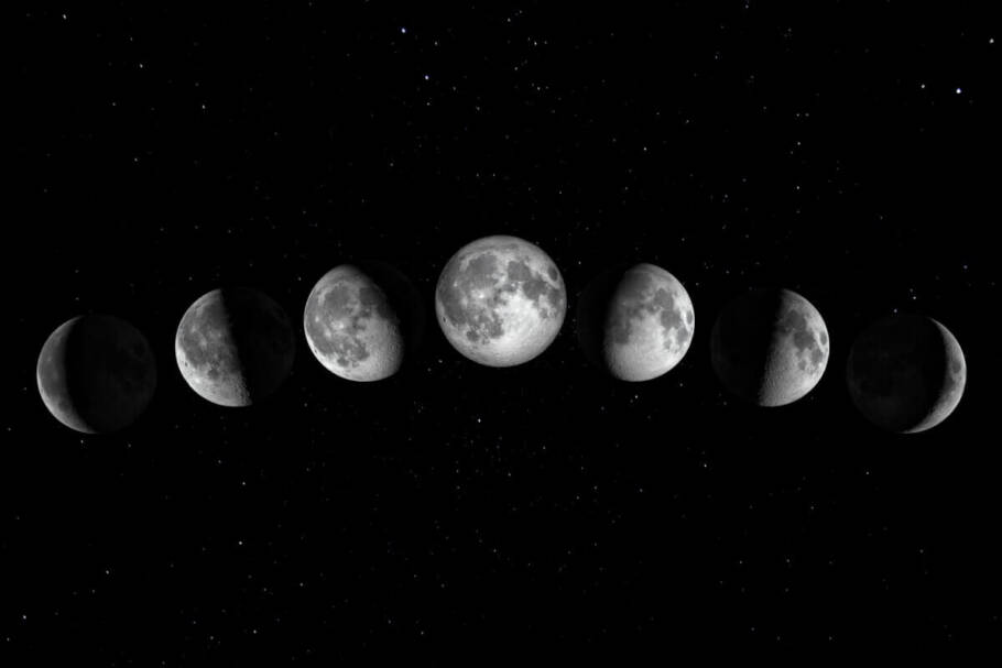 A mudança na aparência do satélite ocorre devido às diferentes posições relativas entre Sol, Terra e Lua (Imagem: bupropion | Shutterstock)
