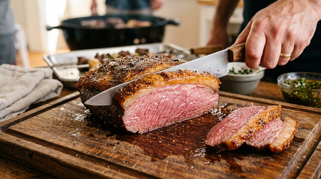A capa de gordura é uma das características mais reconhecíveis da picanha e ajuda a proteger a carne enquanto acrescenta sabor durante o preparo.