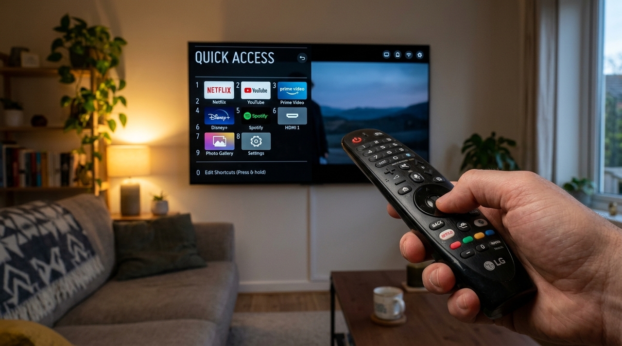 Com a televisão ligada, mantenha o 0 pressionado até aparecer o painel de Acesso Rápido