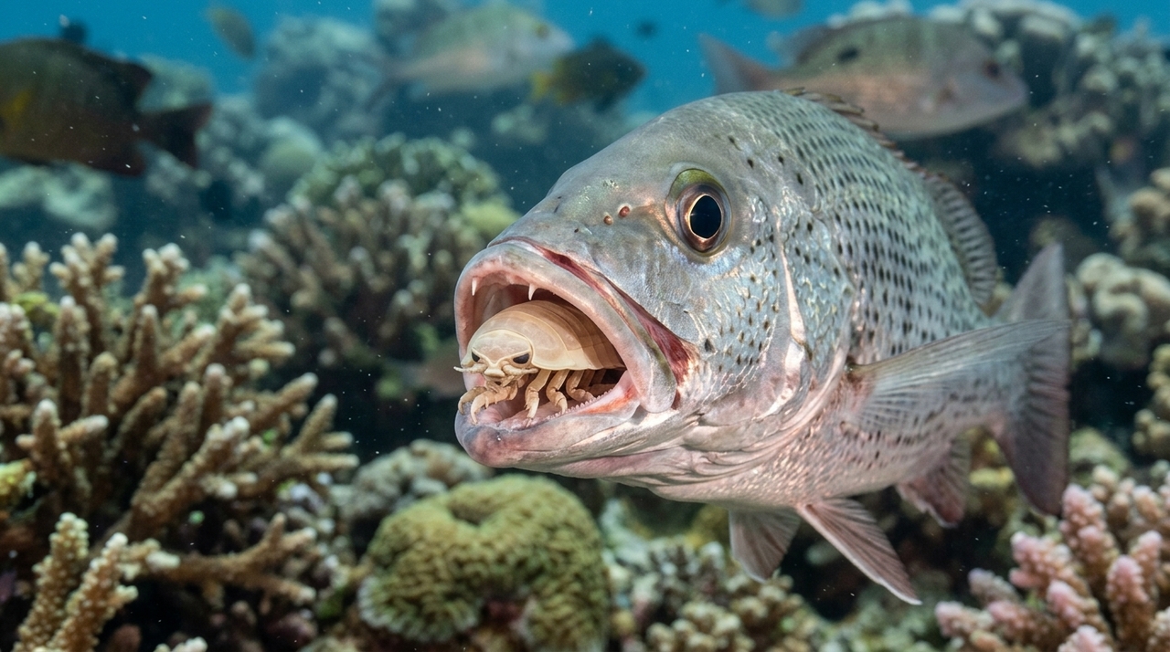 Conhecido como piolho-comedor-de-língua, Cymothoa exigua é na verdade um isópode, grupo de crustáceos que inclui parentes dos tatuzinhos-de-jardim.