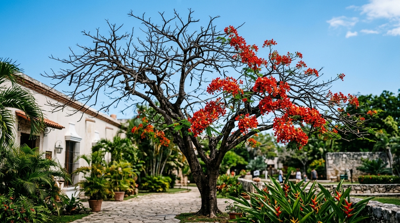 O flamboyant (Delonix regia) é uma espécie que pode apresentar comportamento sazonal, especialmente em períodos de menor disponibilidade de água