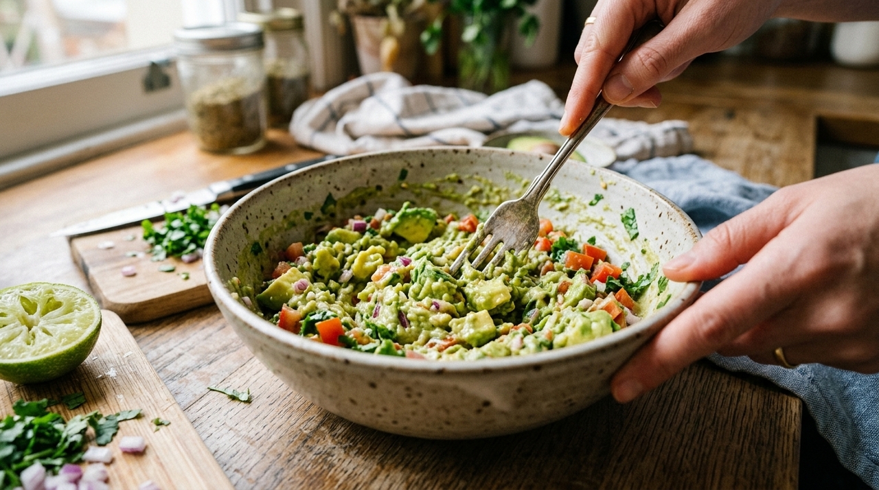 Amasse os avocados maduros com um garfo ou pilão, mantendo alguns pedaços visíveis.