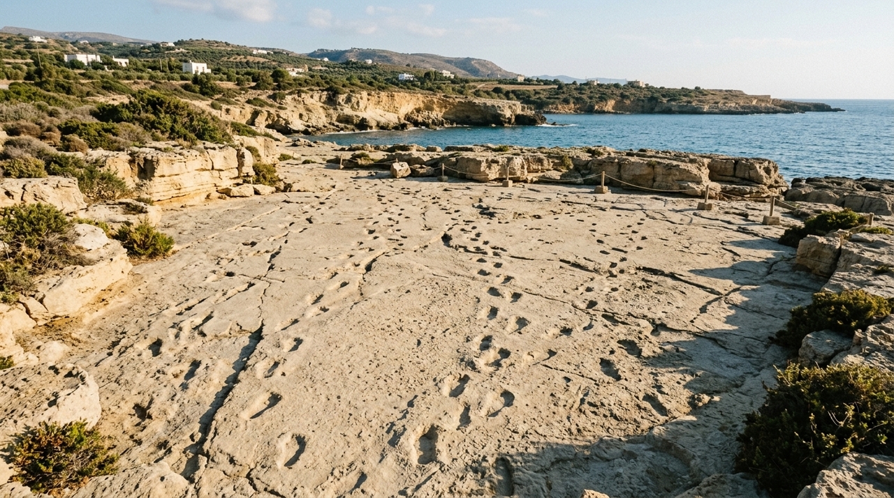 As marcas foram identificadas perto da vila de Trachilos, no oeste da ilha grega de Creta, em uma camada de sedimentos que teria se formado em ambiente costeiro