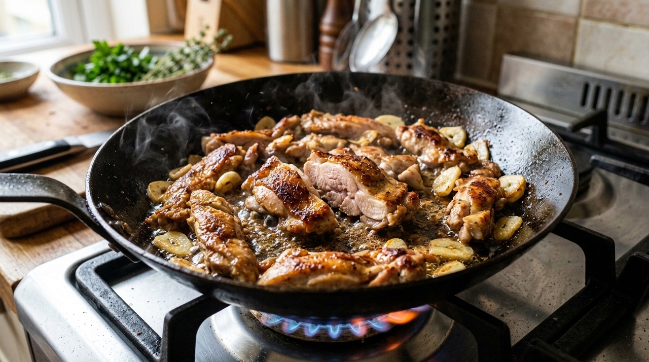 O parmesão não é colocado diretamente sobre o frango enquanto ele cozinha.