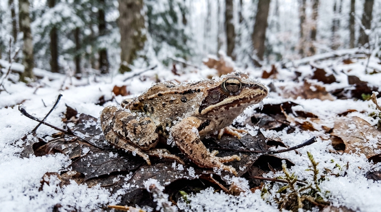 O animal é a rã-da-floresta, conhecida cientificamente como Lithobates sylvaticus e também citada em estudos como Rana sylvatica.