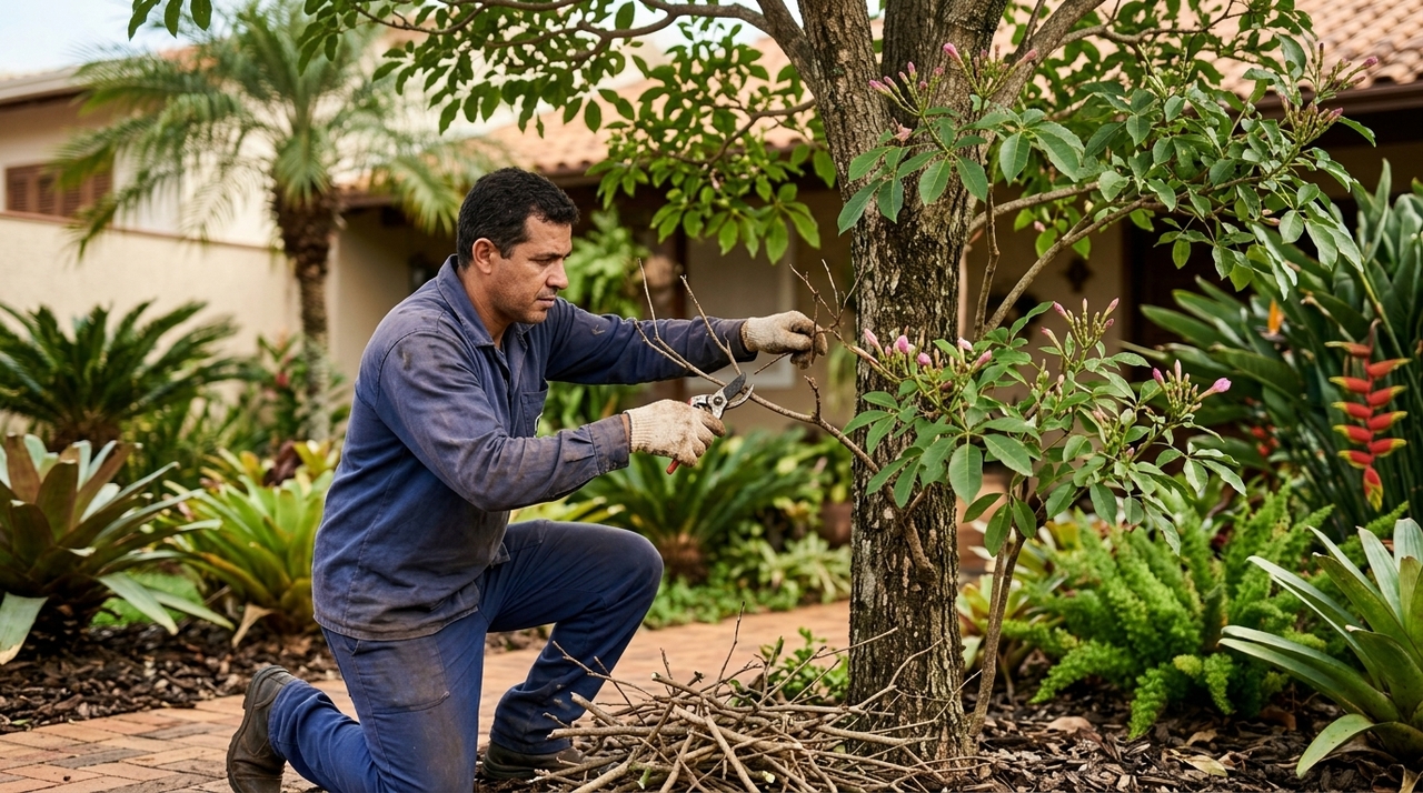 Em muitas árvores decíduas, a poda estrutural costuma ser realizada durante o período de dormência, quando a planta está sem folhas.