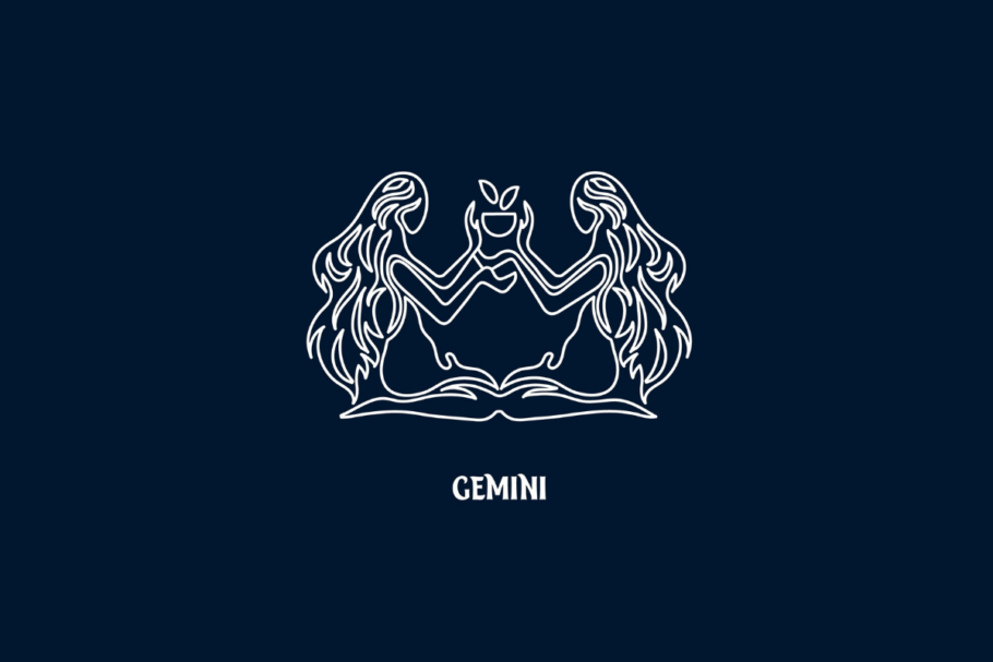 Uma ilustração branca de linha única do signo de Gêmeos em um fundo azul escuro, com o texto "GEMINI" abaixo.