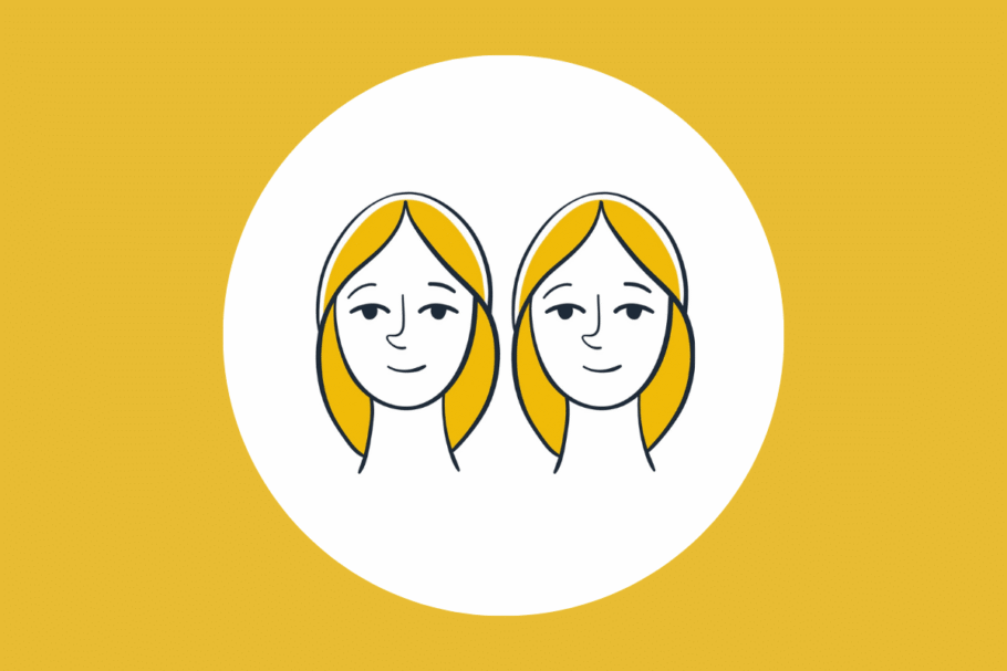 Ilustração minimalista de duas faces femininas idênticas com cabelo amarelo, uma ao lado da outra, dentro de um círculo branco sobre um fundo dourado.