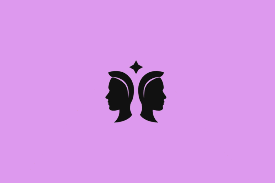 Símbolo do signo de Gêmeos em preto com uma estrela em fundo roxo