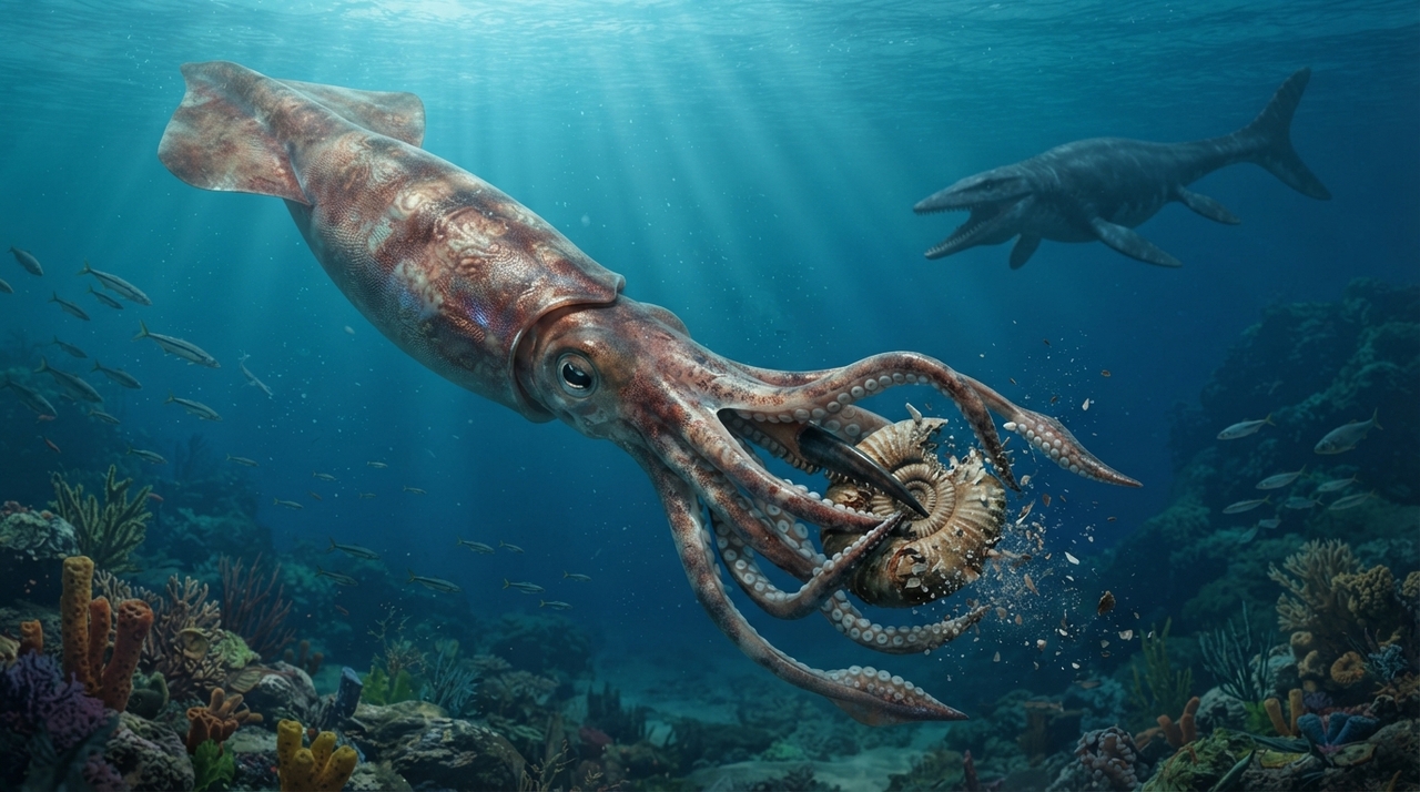 O animal pertencia à espécie Nanaimoteuthis haggarti e viveu durante o Cretáceo, quando os dinossauros ainda ocupavam os continentes.