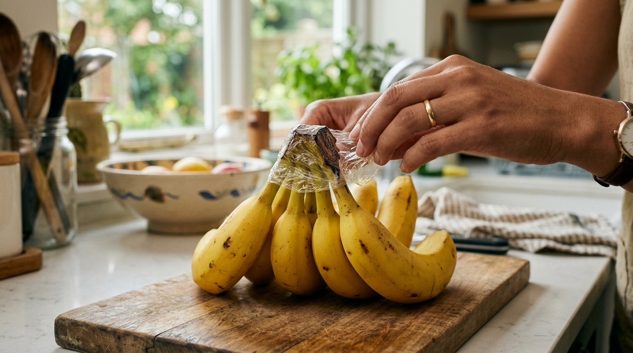 O etileno é um hormônio vegetal gasoso produzido pelas próprias bananas.