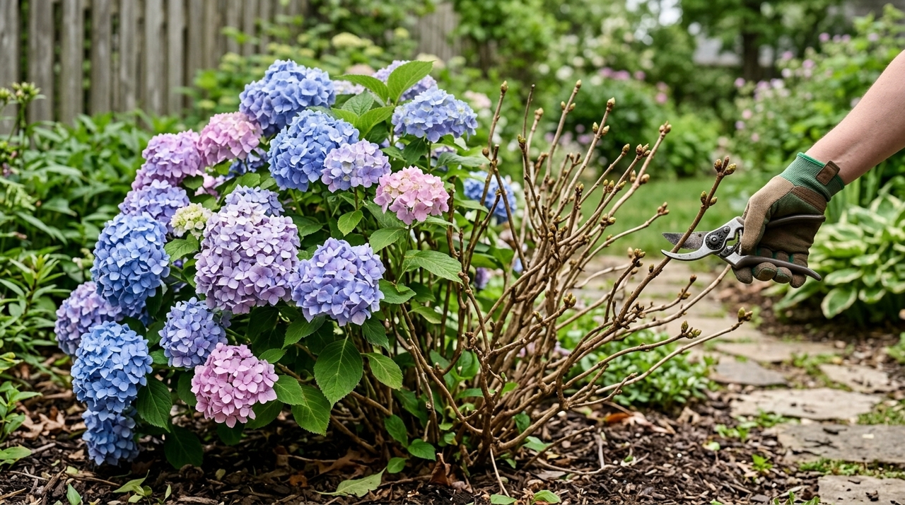 Algumas hortênsias, especialmente muitas variedades de Hydrangea macrophylla, formam suas flores em crescimento desenvolvido anteriormente.